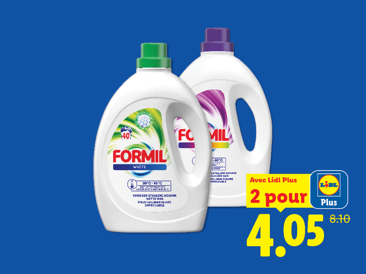 Deux bouteilles de lessive liquide en promotion avec l'application Lidl Plus.