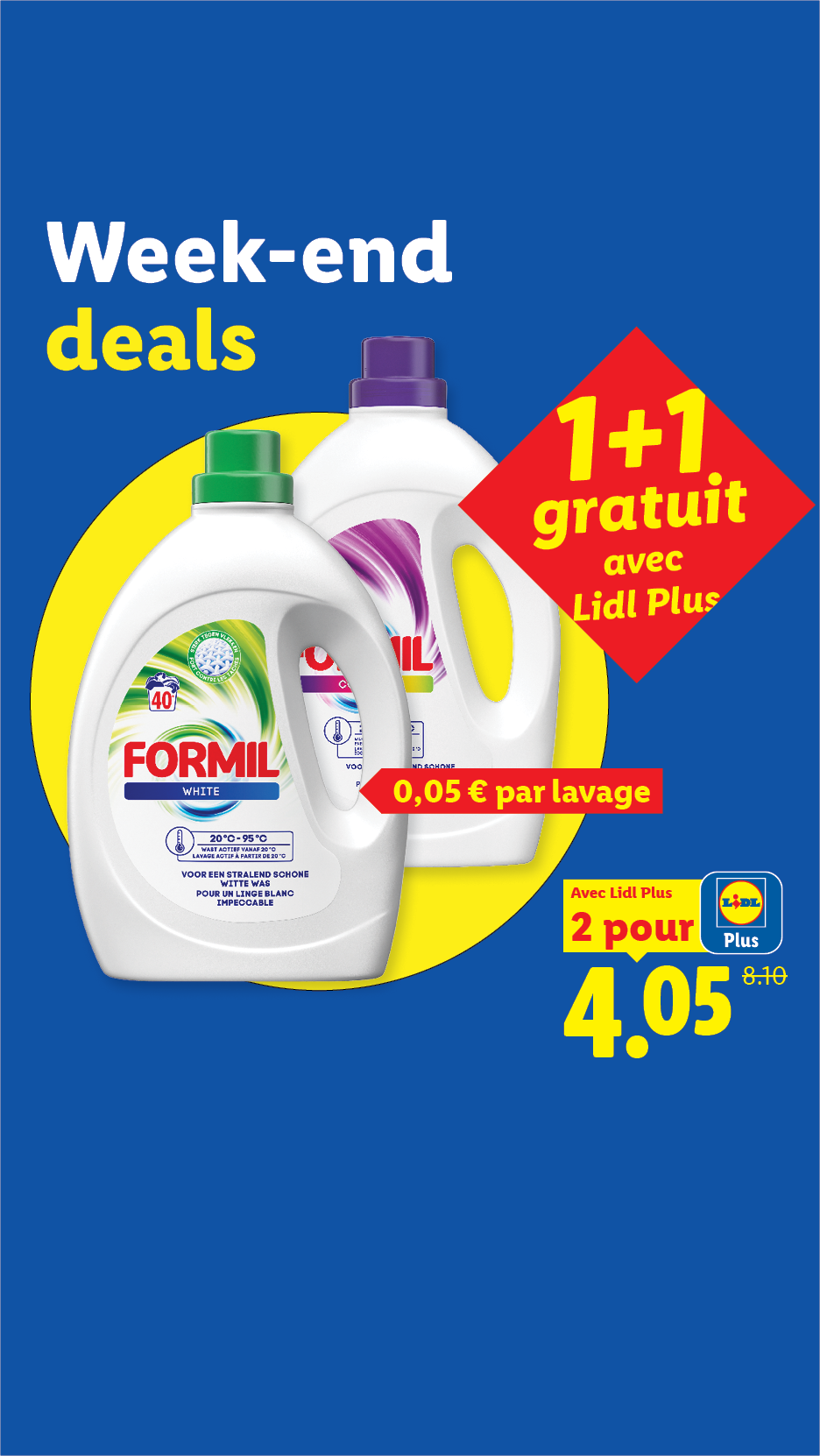 Lessive liquide en promotion 1+1 gratuit avec l'application de fidélité.