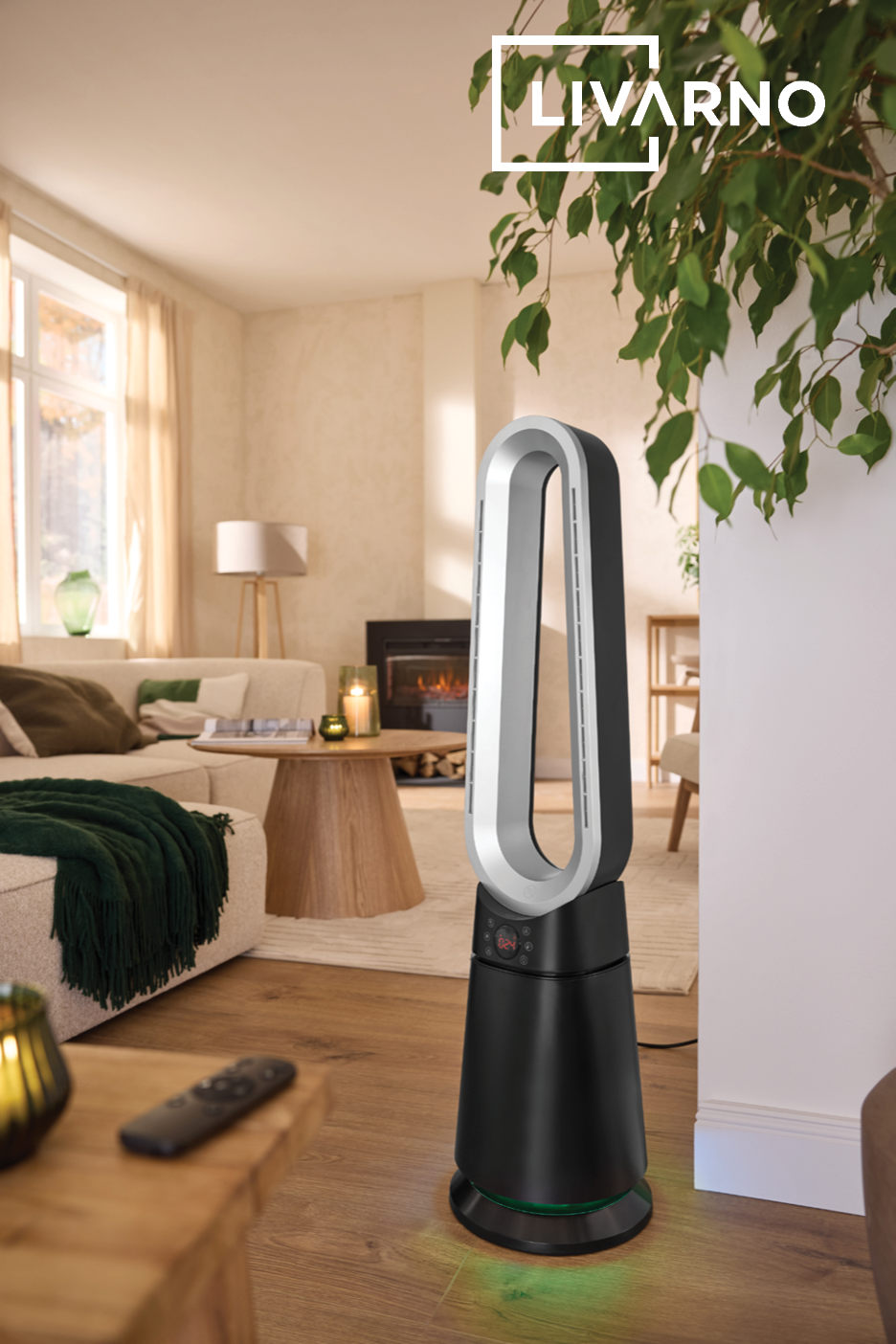 Ventilateur colonne sans pales moderne dans un salon chaleureux.