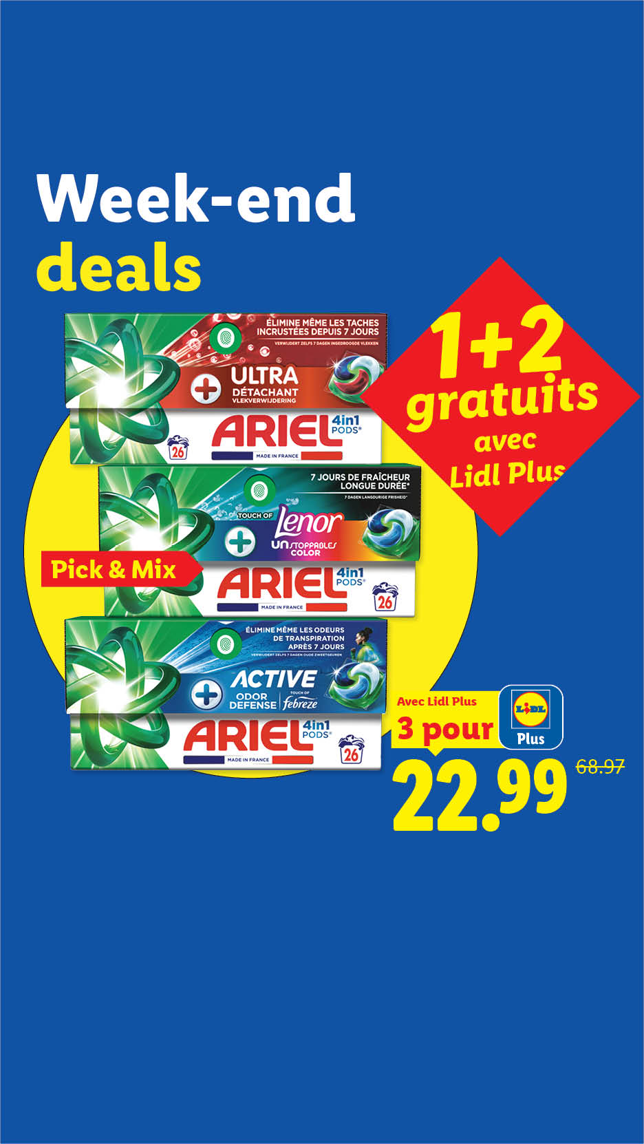 Offre Week-end deals Lidl Plus : 1+2 gratuits sur une sélection de capsules de lessive Ariel 4in1 Pods, soit 3 boîtes de 26 lavages au choix pour 22,99 € au lieu de 68,97 €.