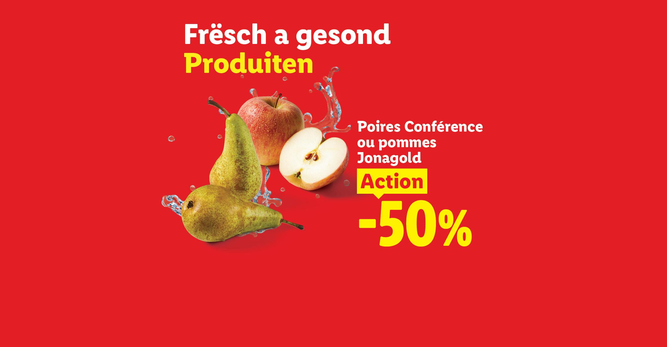 Poires Conférence et pommes Jonagold en promotion à -50% sur fond rouge.