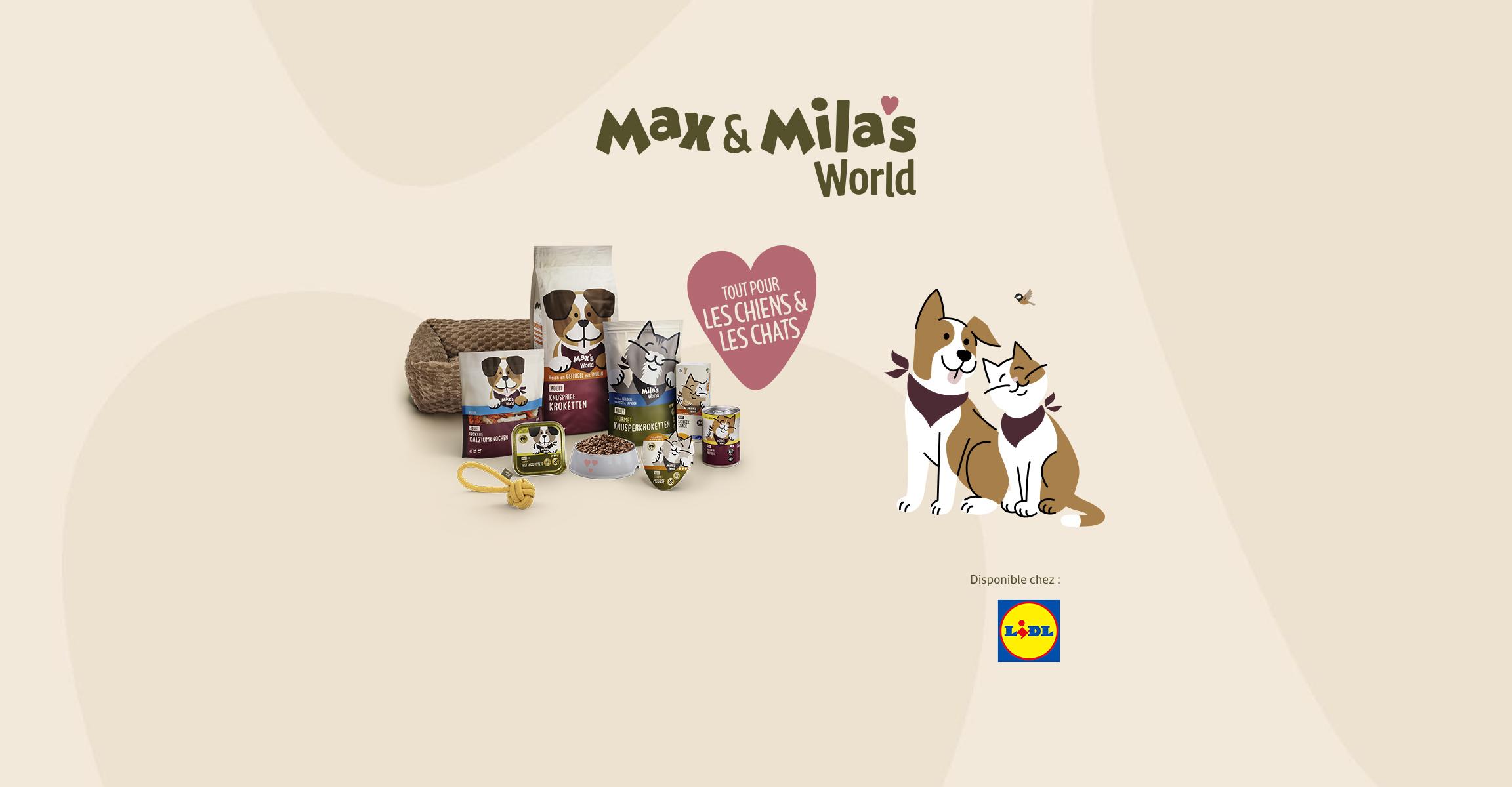 Gamme de nourriture et d'accessoires pour chiens et chats avec illustrations d'animaux.