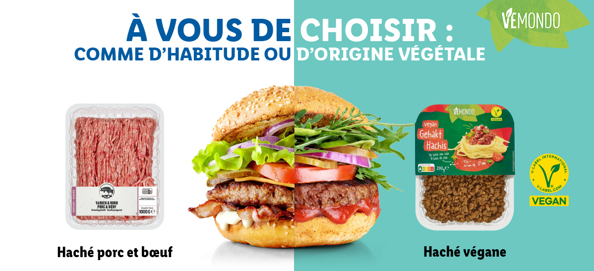 Haché porc et bœuf, burger et haché végane Vémondo.
