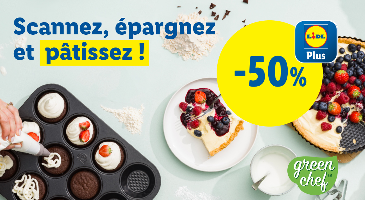 Gâteaux, tartes aux fruits et cupcakes Lidl ; -50 % avec Green Chef.