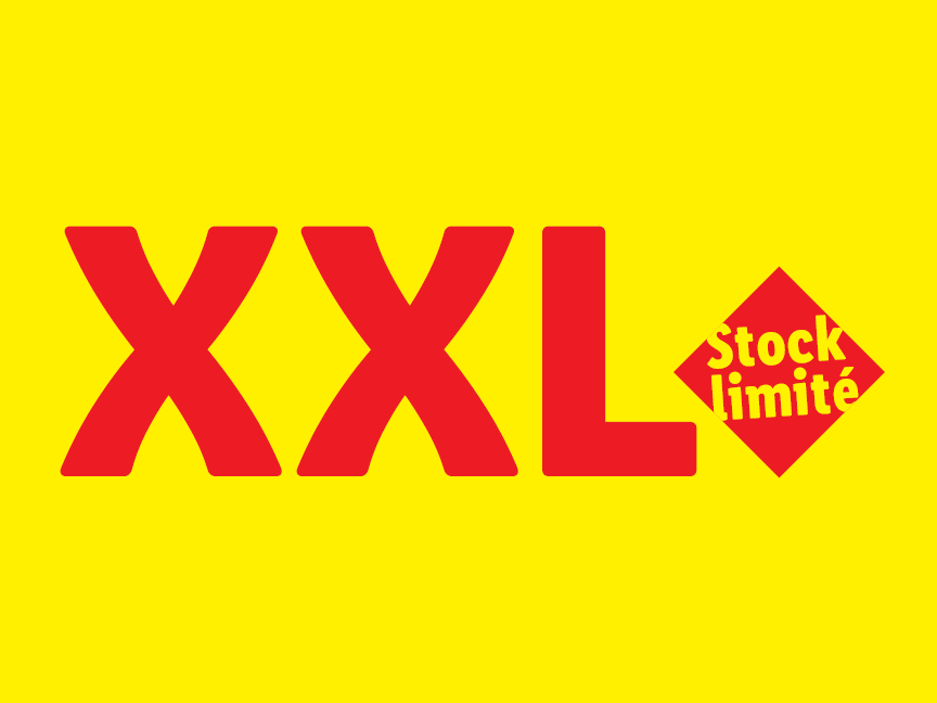 Logo XXL rouge sur fond jaune avec la mention 'Stock limité' dans un losange rouge.