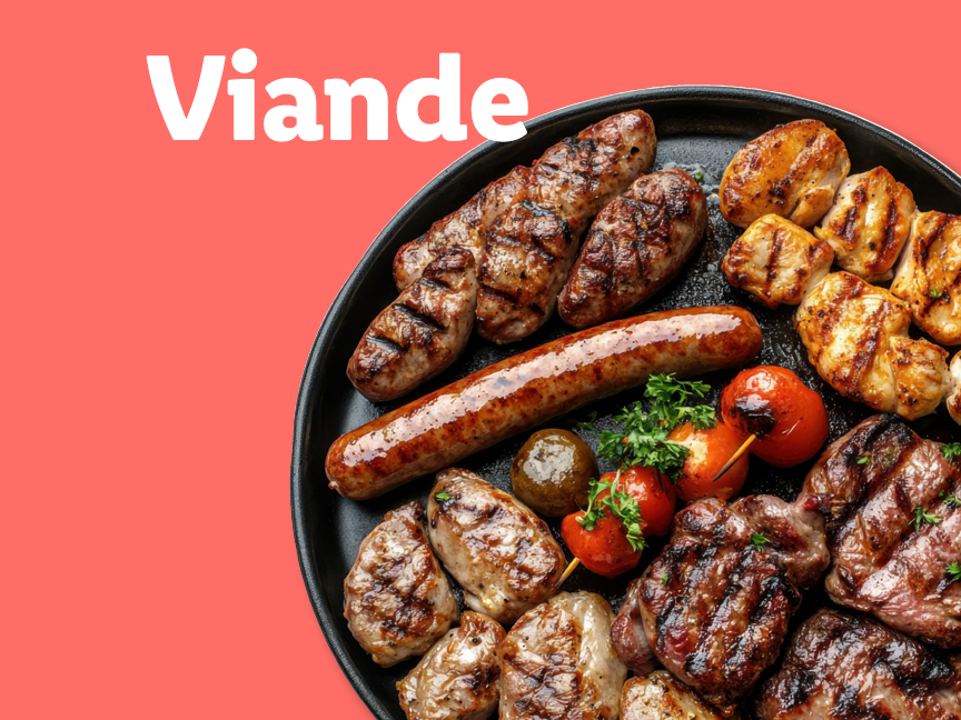 Assortiment de viandes grillées sur une plaque, avec le mot 'Viande' en blanc.
