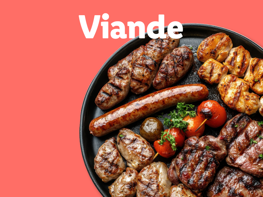 Assortiment de viandes grillées, dont des saucisses, du poulet et du bœuf, sur une plaque de cuisson.