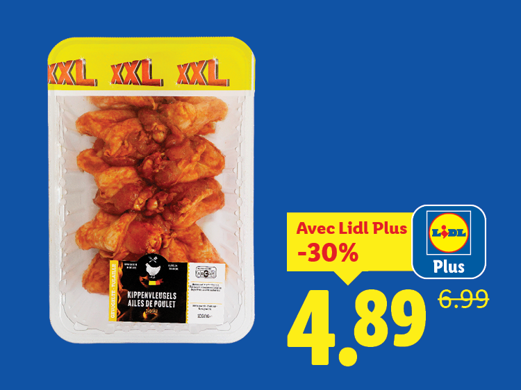 Barquette de poulet mariné XXL de Lidl, avec une réduction de 30% à 4,89 €.