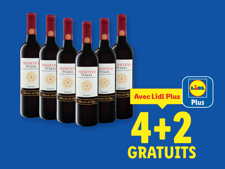 Six bouteilles de vin rouge Primitivo Puglia avec une offre 4+2 gratuites de Lidl Plus.