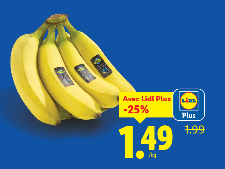 Bananes avec une offre Lidl Plus de -25% à 1,49 €/kg, prix initial 1,99 €.