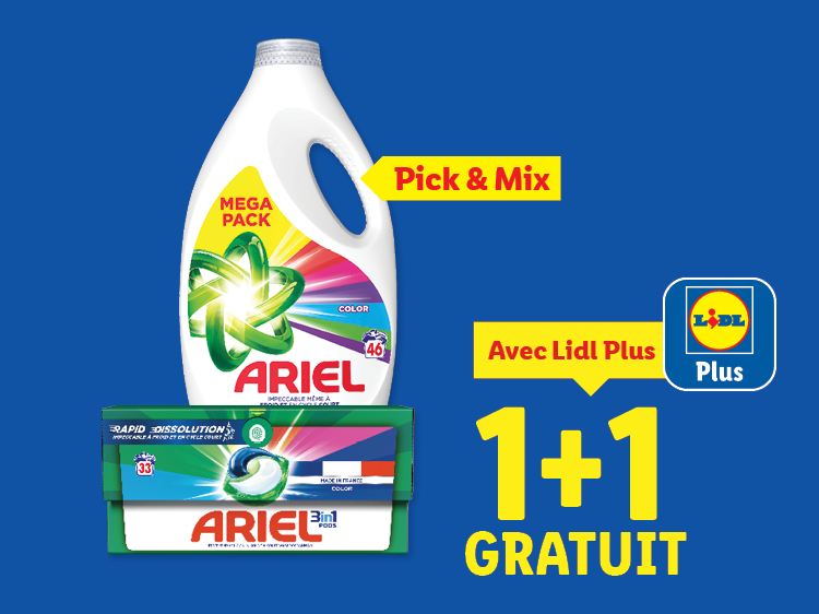 Publicité Lidl pour Ariel lessive liquide et capsules, avec une offre 1+1 gratuit.