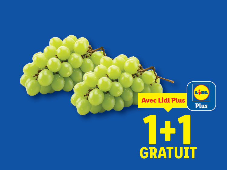 Deux grappes de raisins verts sur fond bleu avec une offre 1+1 gratuit Lidl Plus.