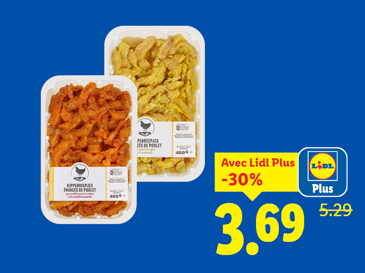 Deux barquettes de poulet émincé mariné, avec une offre Lidl Plus à 3,69 €.