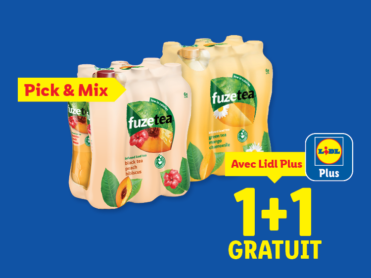 Packs de thé glacé Fuze Tea, saveurs pêche hibiscus et mangue camomille, avec une offre 1+1 gratuit.