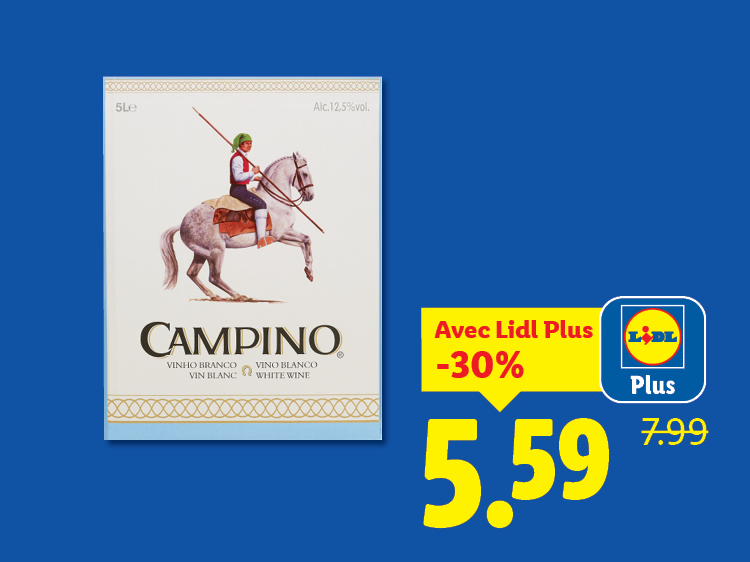 Un cubi de vin blanc Campino avec une offre promotionnelle Lidl Plus.