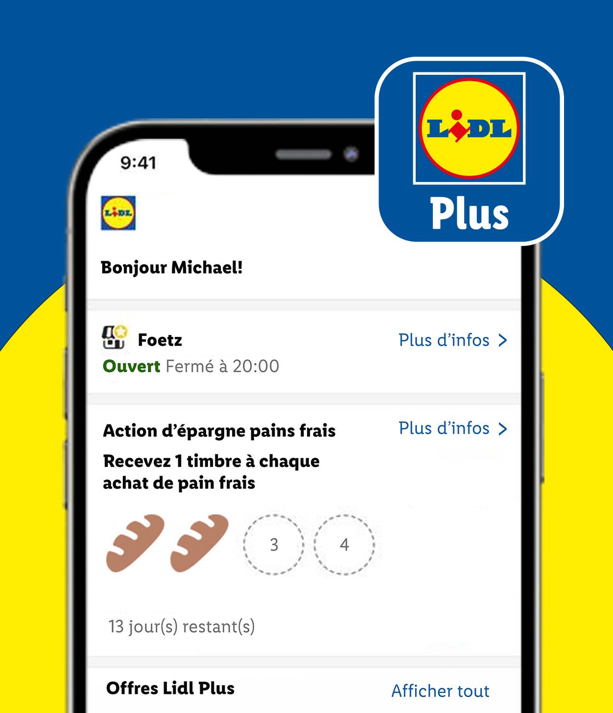 Un smartphone affichant l'application Lidl Plus avec des informations sur les heures d'ouverture et une promotion sur le pain.