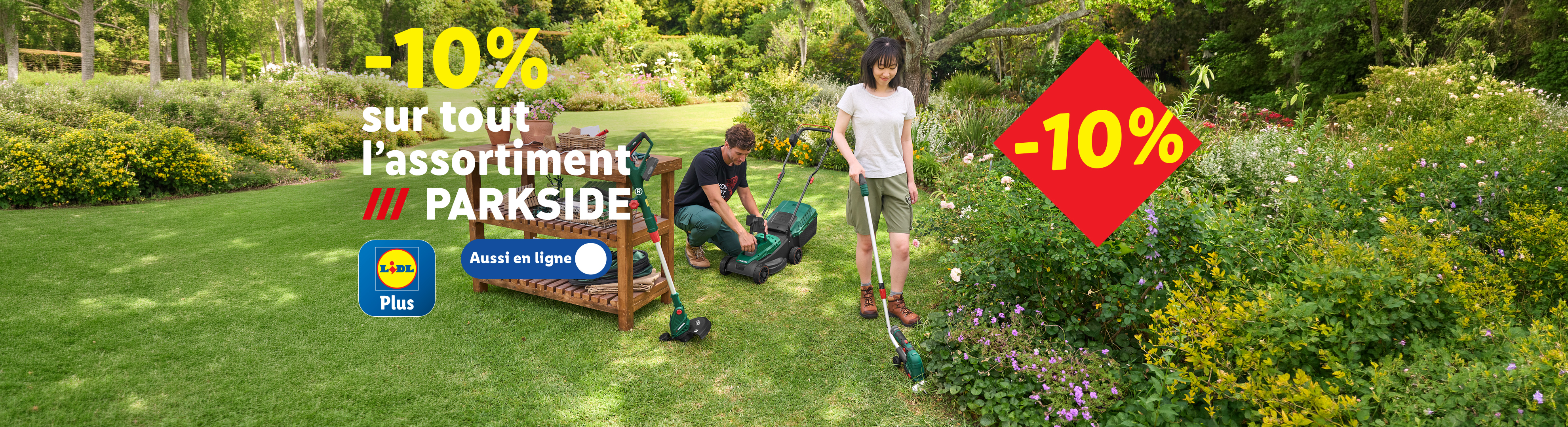 Deux personnes jardinant avec des outils électriques, avec une offre de -10% sur l'assortiment.