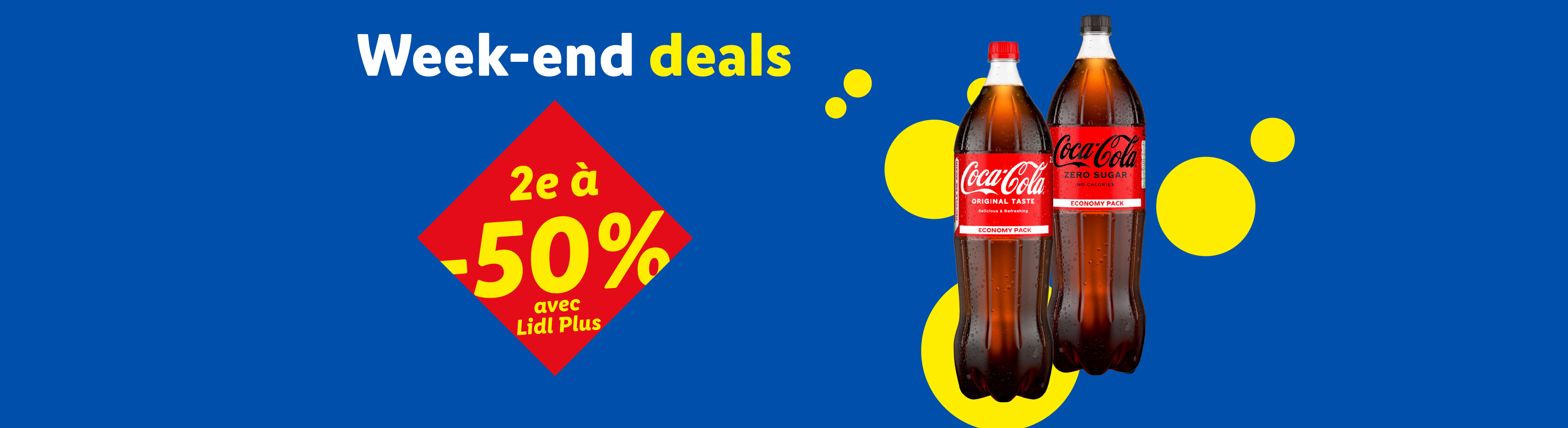 Offres de week-end : deux bouteilles de boisson gazeuse, la deuxième à -50% avec Lidl Plus.