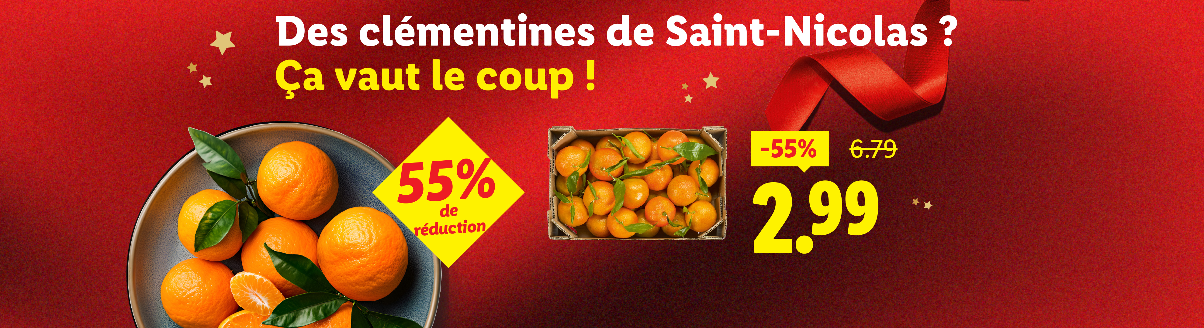 Clémentines de Saint-Nicolas avec 55% de réduction, prix final 2,99€.