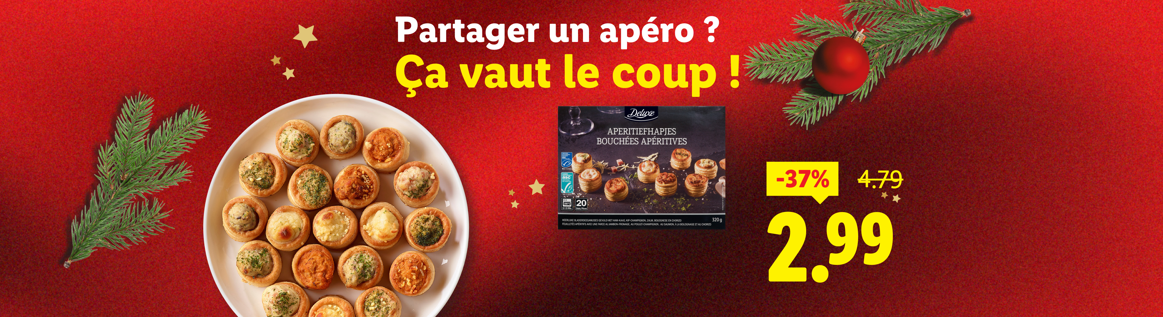 Mini-bouchées apéritives Deluxe sur fond rouge festif avec une réduction de 37%.