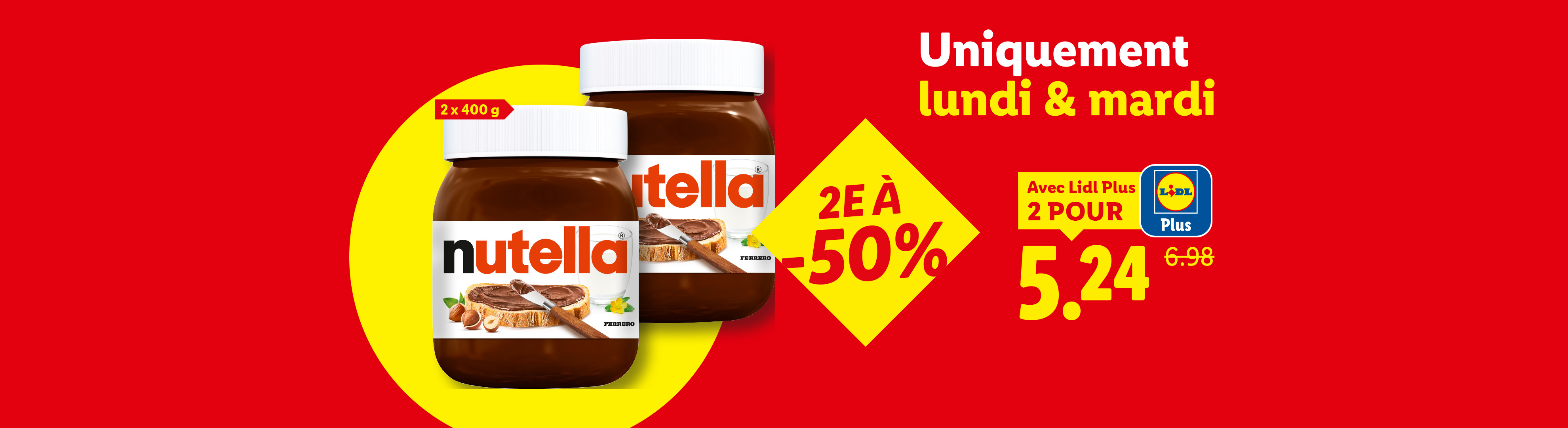 Deux pots de pâte à tartiner de 400g, le deuxième à -50%, pour 5,24€ avec Lidl Plus, offre valable lundi et mardi.