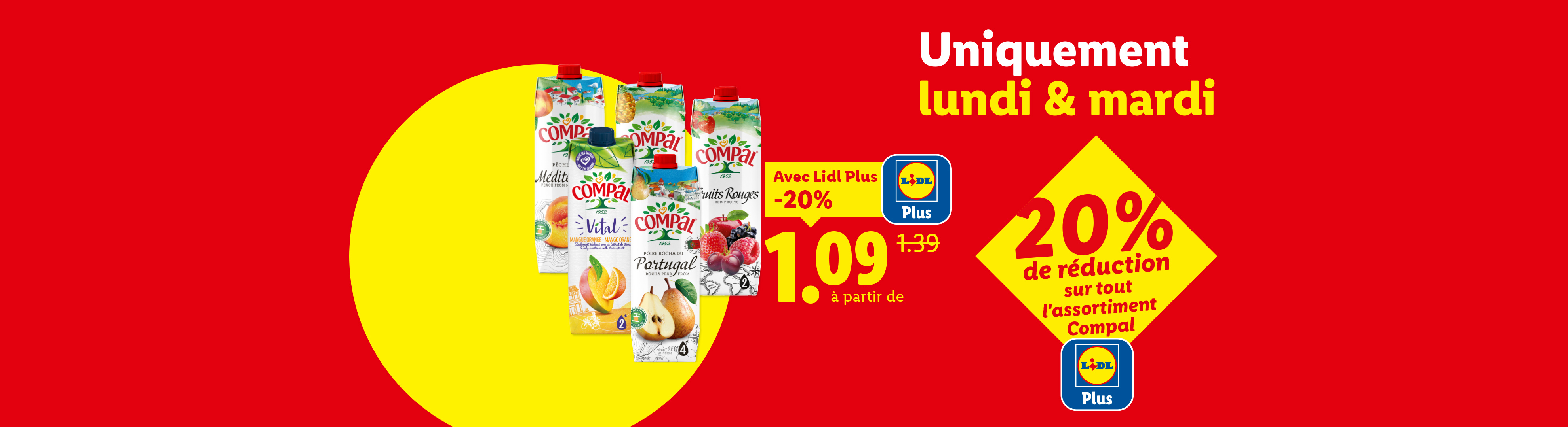 Jus de fruits variés en promotion avec 20% de réduction pour les membres Lidl Plus, valable uniquement les lundis et mardis.