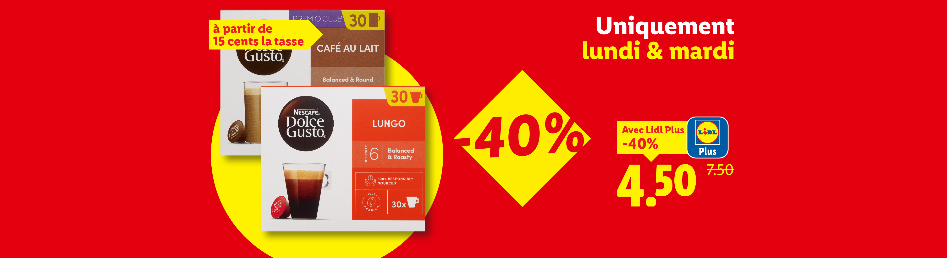 Capsules de café à partir de 15 centimes la tasse, avec une réduction de 40% pour les membres Lidl Plus, soit 4,50€ au lieu de 7,50€, uniquement le lundi et le mardi.