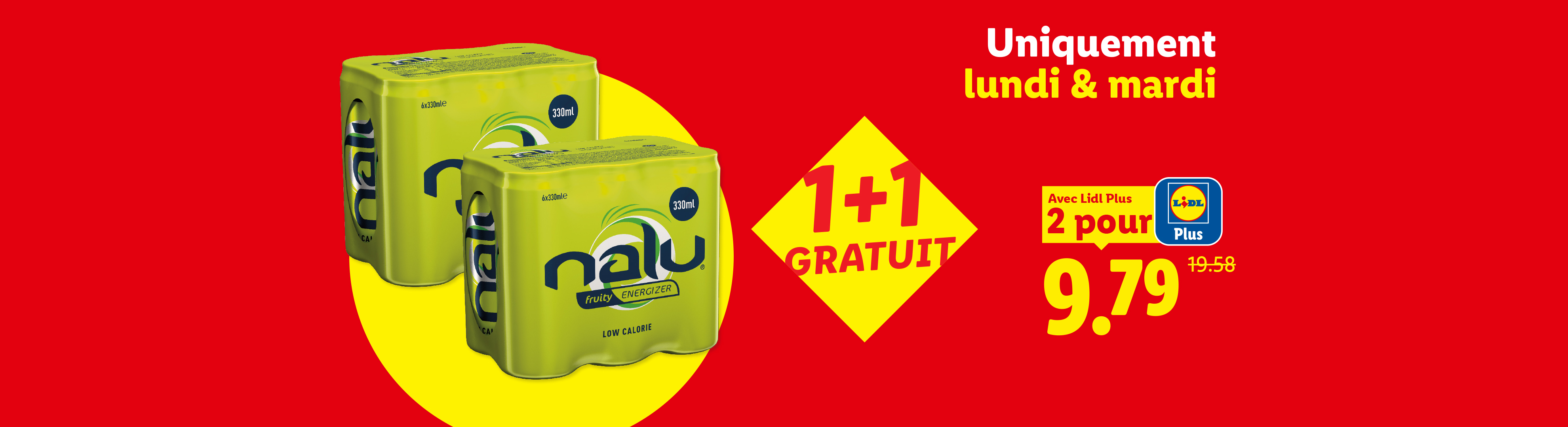 Deux packs de six canettes de boisson énergisante, avec une offre 1+1 gratuit et un prix spécial Lidl Plus.