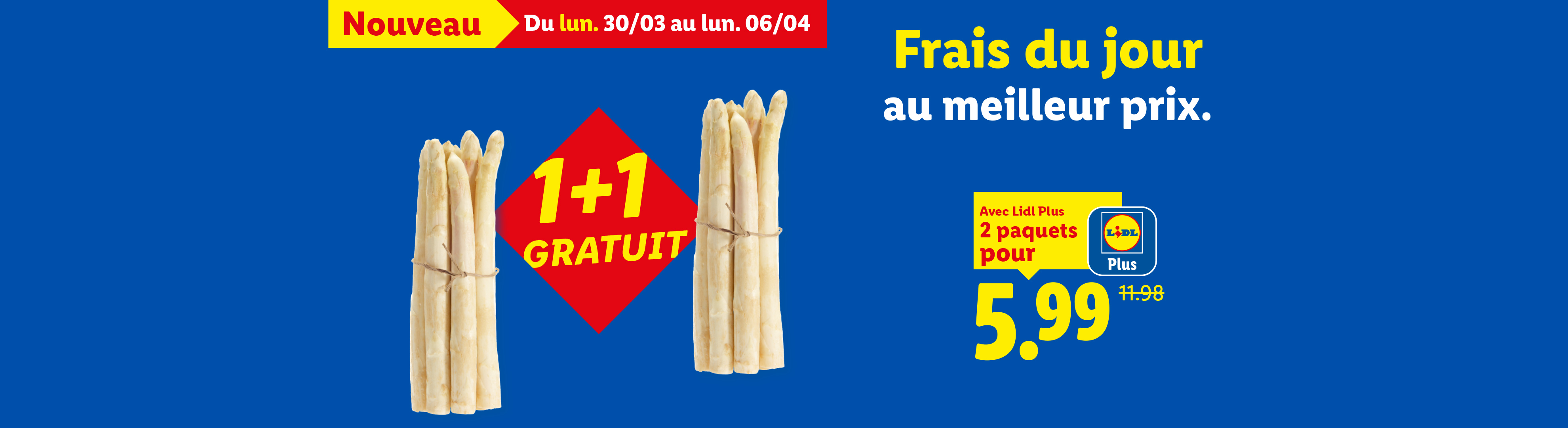 Publicité pour des asperges blanches avec une offre 1+1 gratuit et un prix spécial pour les membres Lidl Plus.
