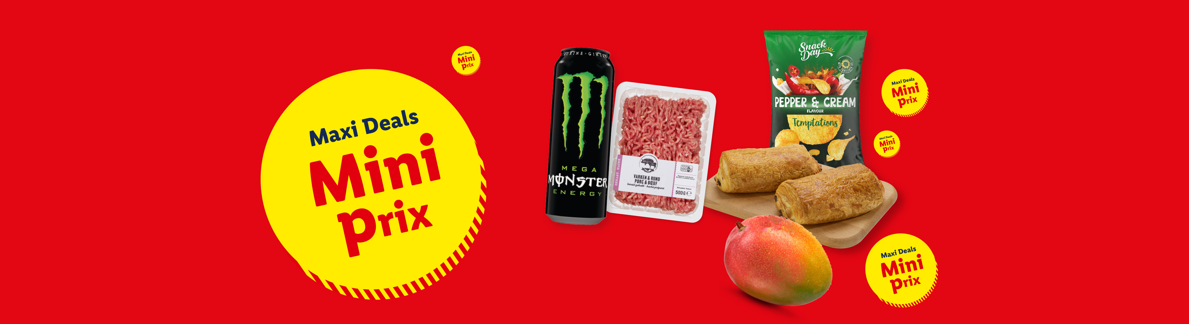 Boissons énergisantes, viande hachée, chips, feuilletés et mangue sur fond rouge avec des étiquettes 'Maxi Deals Mini Prix'.