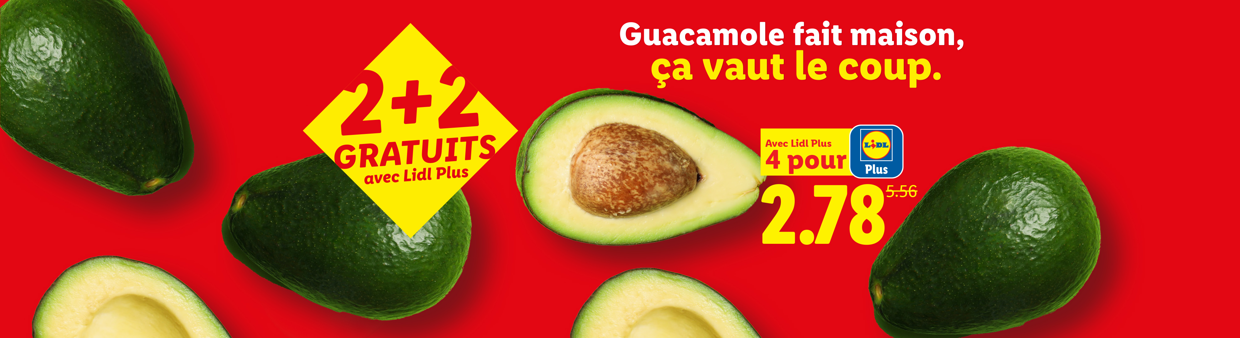 Avocats sur fond rouge avec une offre 2+2 gratuits et un prix réduit pour 4.