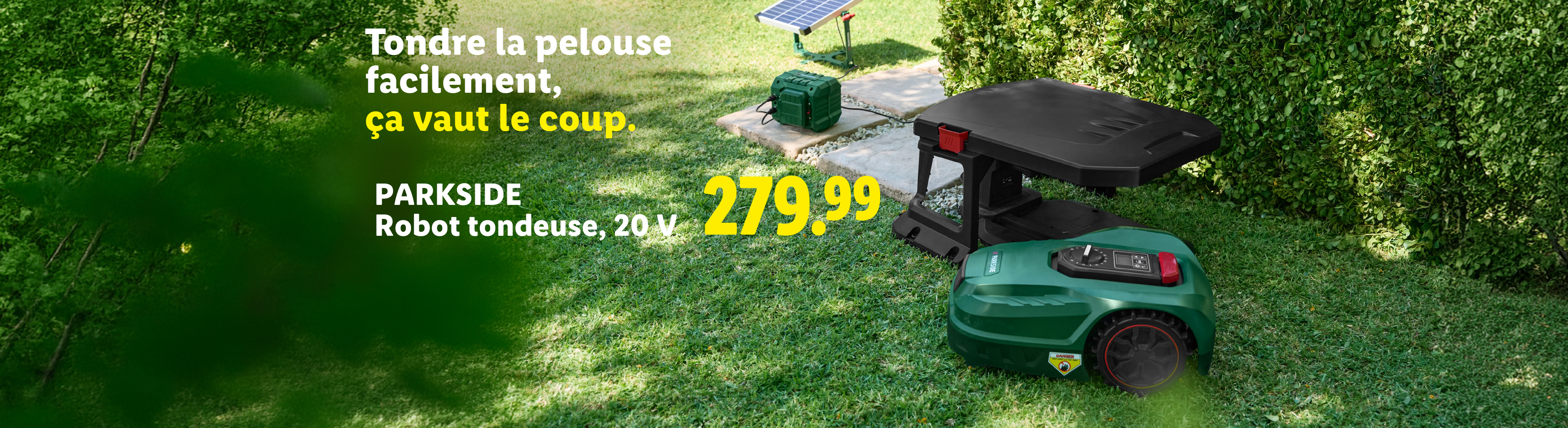 Robot tondeuse et sa station de charge sur une pelouse, avec le texte 'Tondre la pelouse facilement, ça vaut le coup. 279.99'