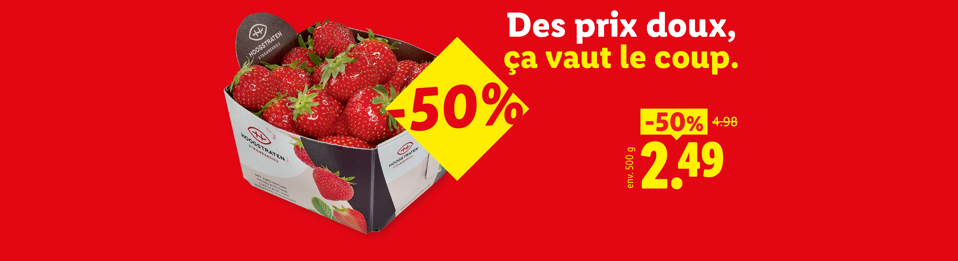 Une barquette de fraises sur fond rouge, avec une réduction de 50% et le prix de 2,49 €.