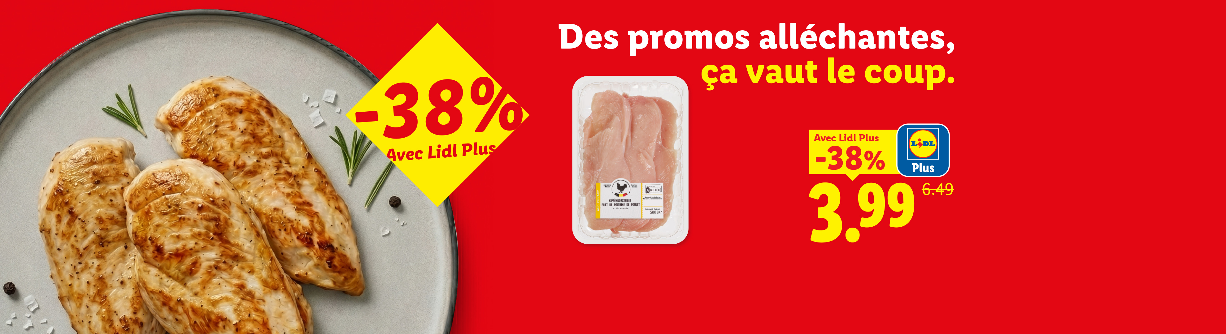 Poitrines de poulet grillées et crues avec une promotion de -38%.