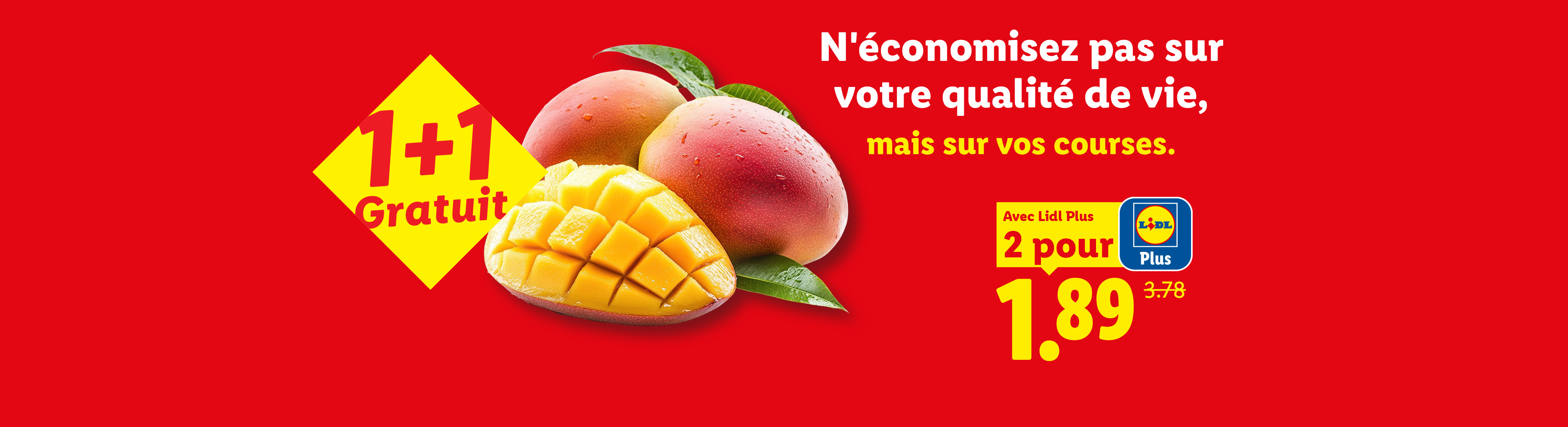 Mangues fraîches avec offre 1+1 gratuit et prix réduit pour 2 avec l'application.