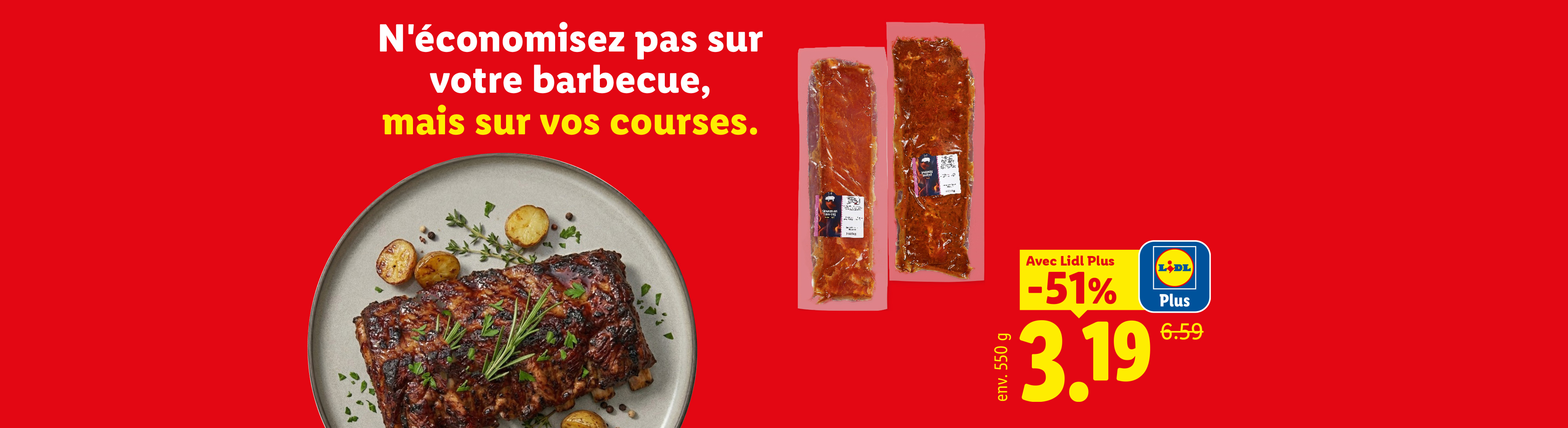Des travers de porc marinés et cuits, avec une offre spéciale de -51% pour 3,19€.