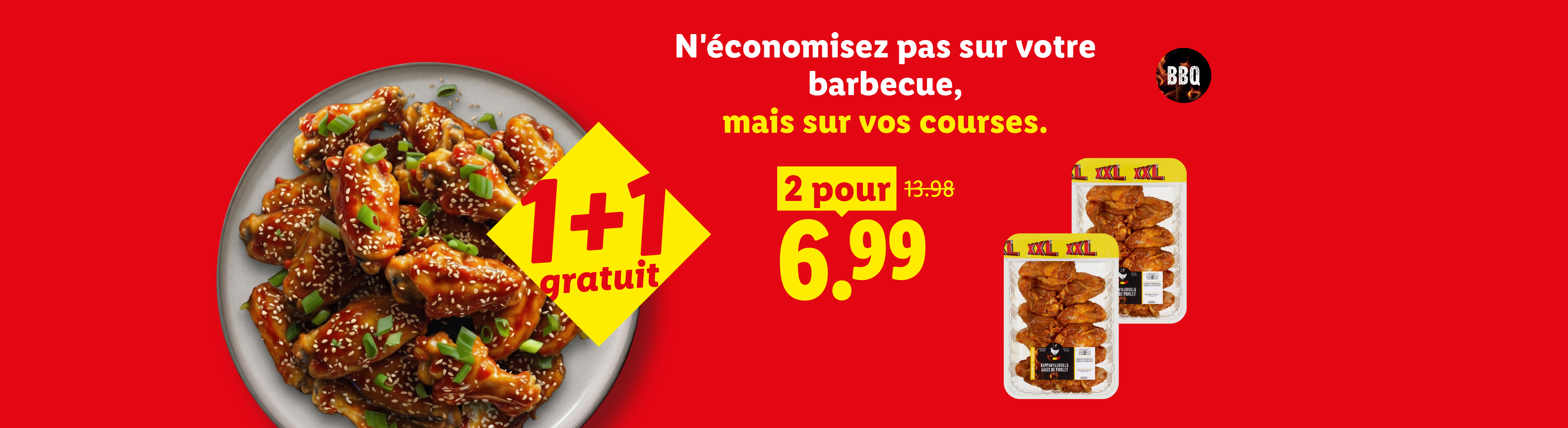 Des ailes de poulet pour barbecue avec une offre 1+1 gratuit et un prix spécial.