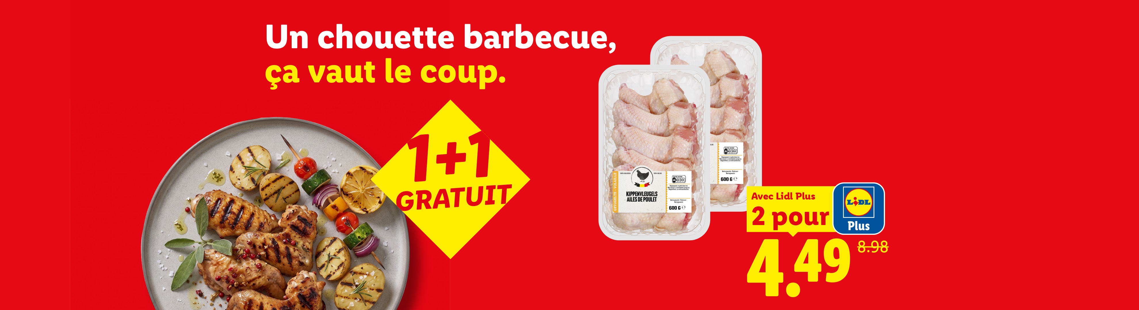 Publicité pour des ailes de poulet à griller, avec une offre 1+1 gratuit et un prix spécial.