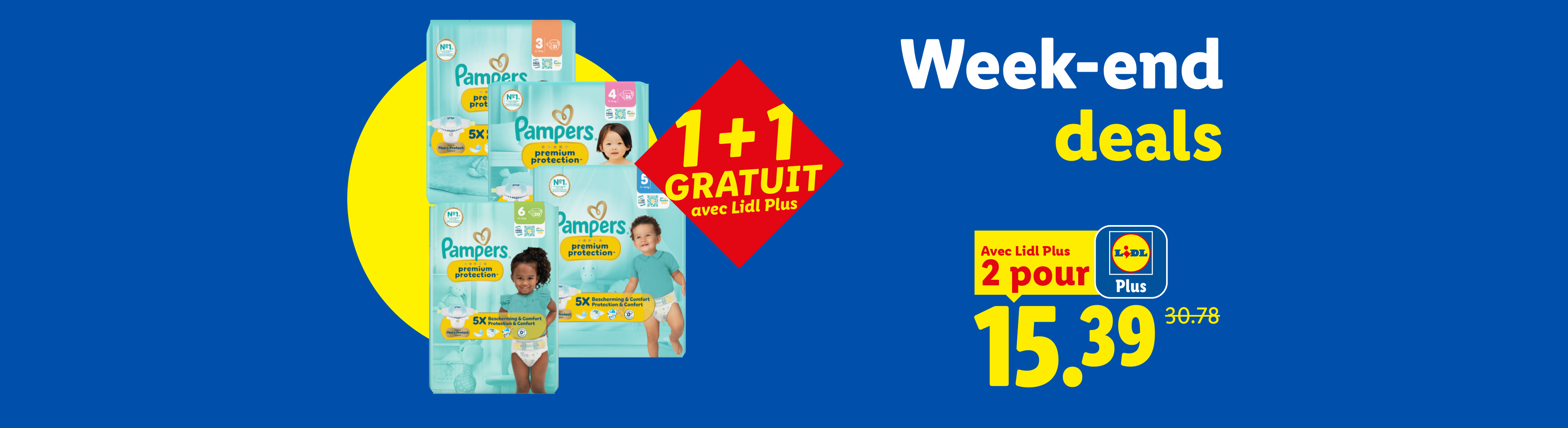 Offres du week-end sur les couches pour bébés, 1+1 gratuit avec Lidl Plus, 2 pour 15,39€.