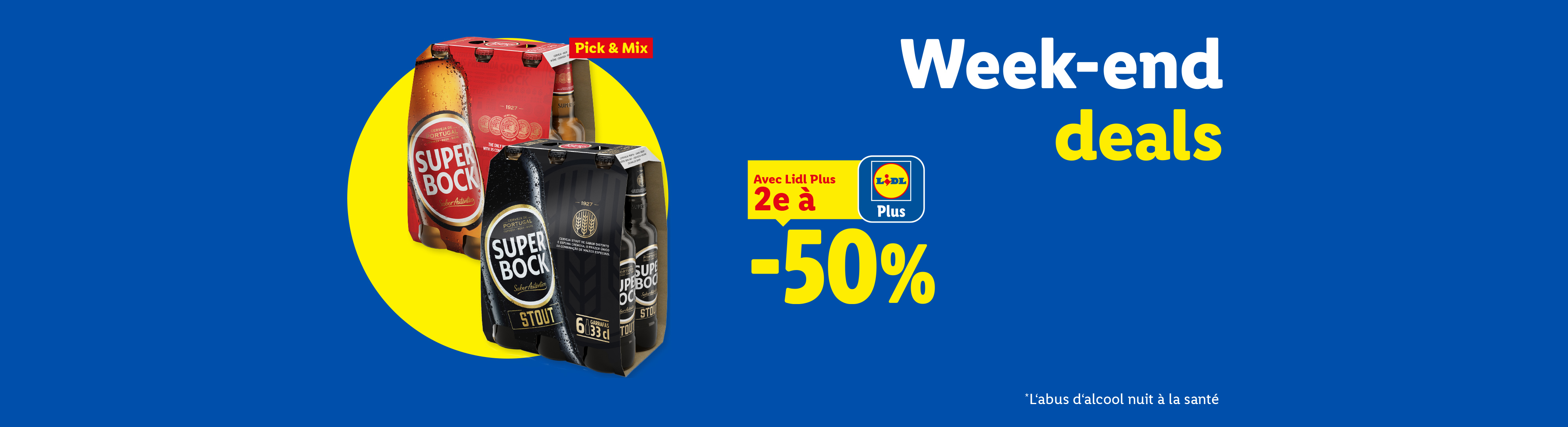 Offres de bières en pack de six, avec une promotion de 2e à -50% et le texte 'Weekend deals'.