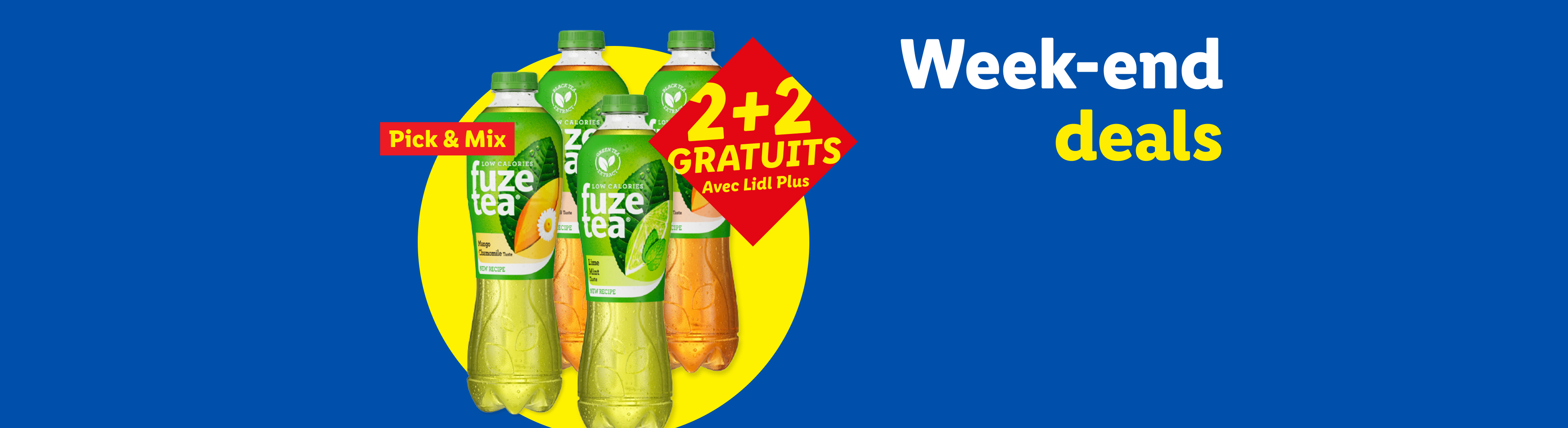 Offre 2+2 gratuits sur des thés glacés aux saveurs mangue-camomille et citron vert-menthe, avec l'inscription 'Pick & Mix' et 'Week-end deals'.