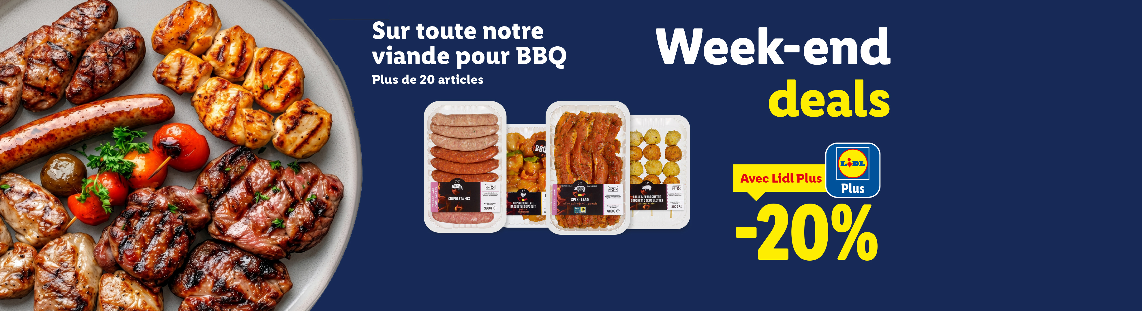 Assortiment de viandes grillées et emballées pour barbecue, avec des offres week-end.