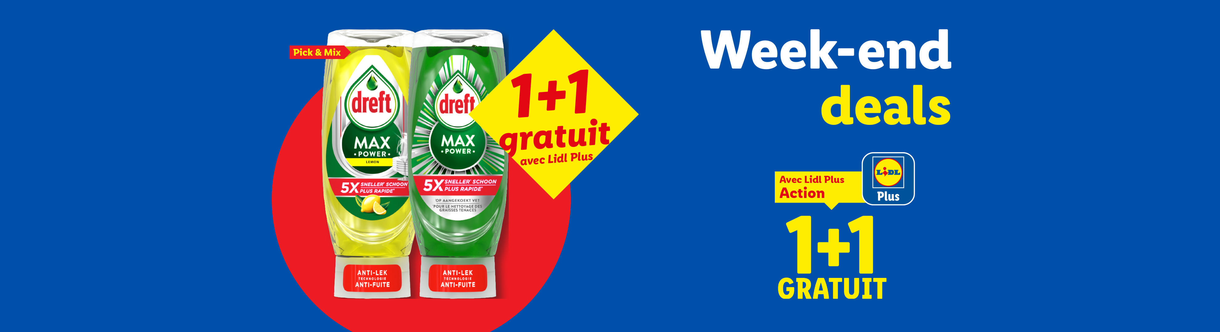 Offre 1+1 gratuit sur le liquide vaisselle, avec des offres de week-end Lidl Plus.