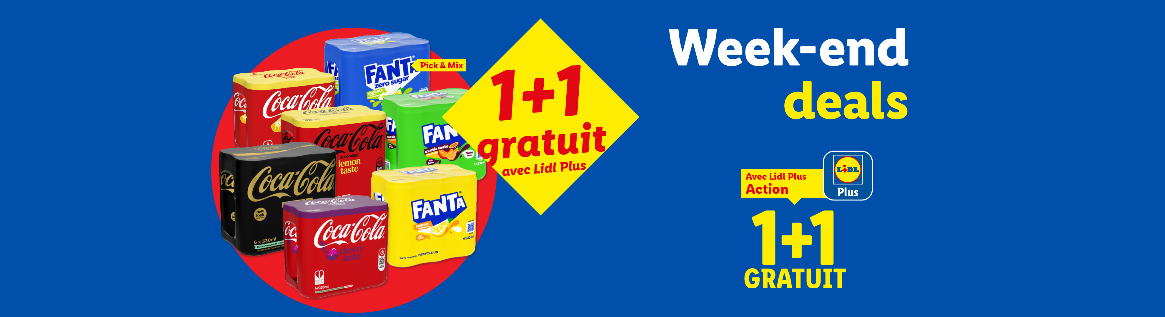 Offre 1+1 gratuit sur des packs de boissons gazeuses variées, avec le programme de fidélité Lidl Plus.