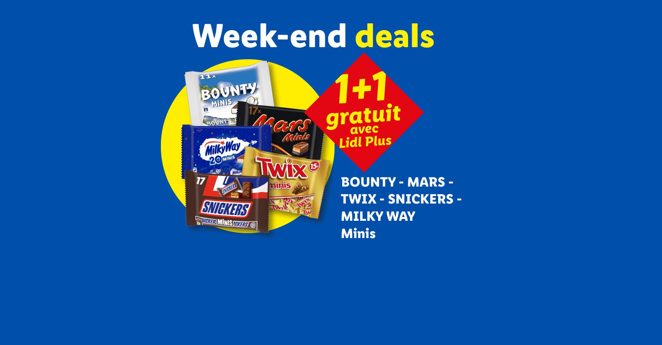 Offres du week-end : 1+1 gratuit avec Lidl Plus sur les mini barres chocolatées.