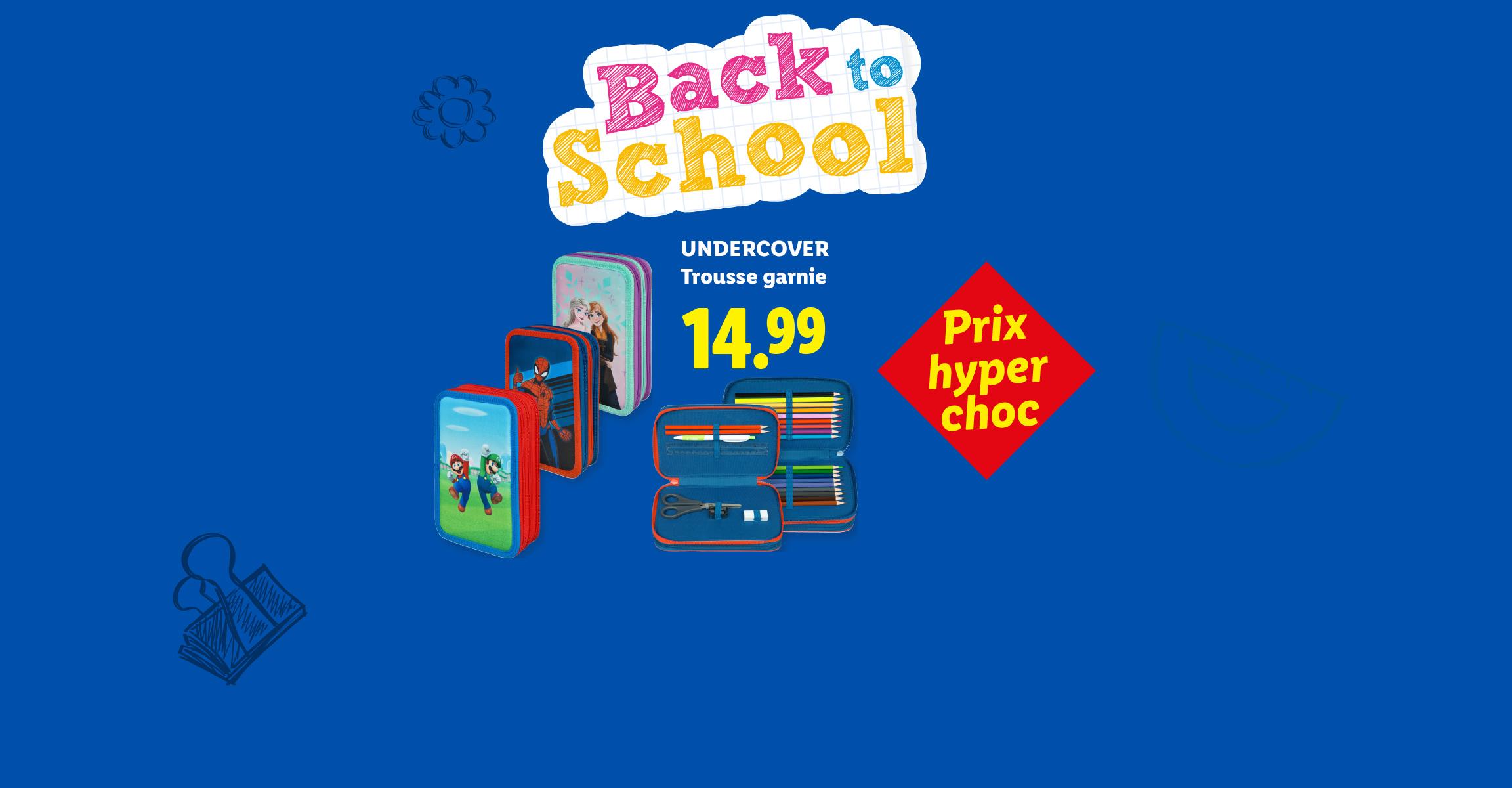 Trousse garnie pour la rentrée des classes avec des motifs de personnages, au prix de 14,99€.