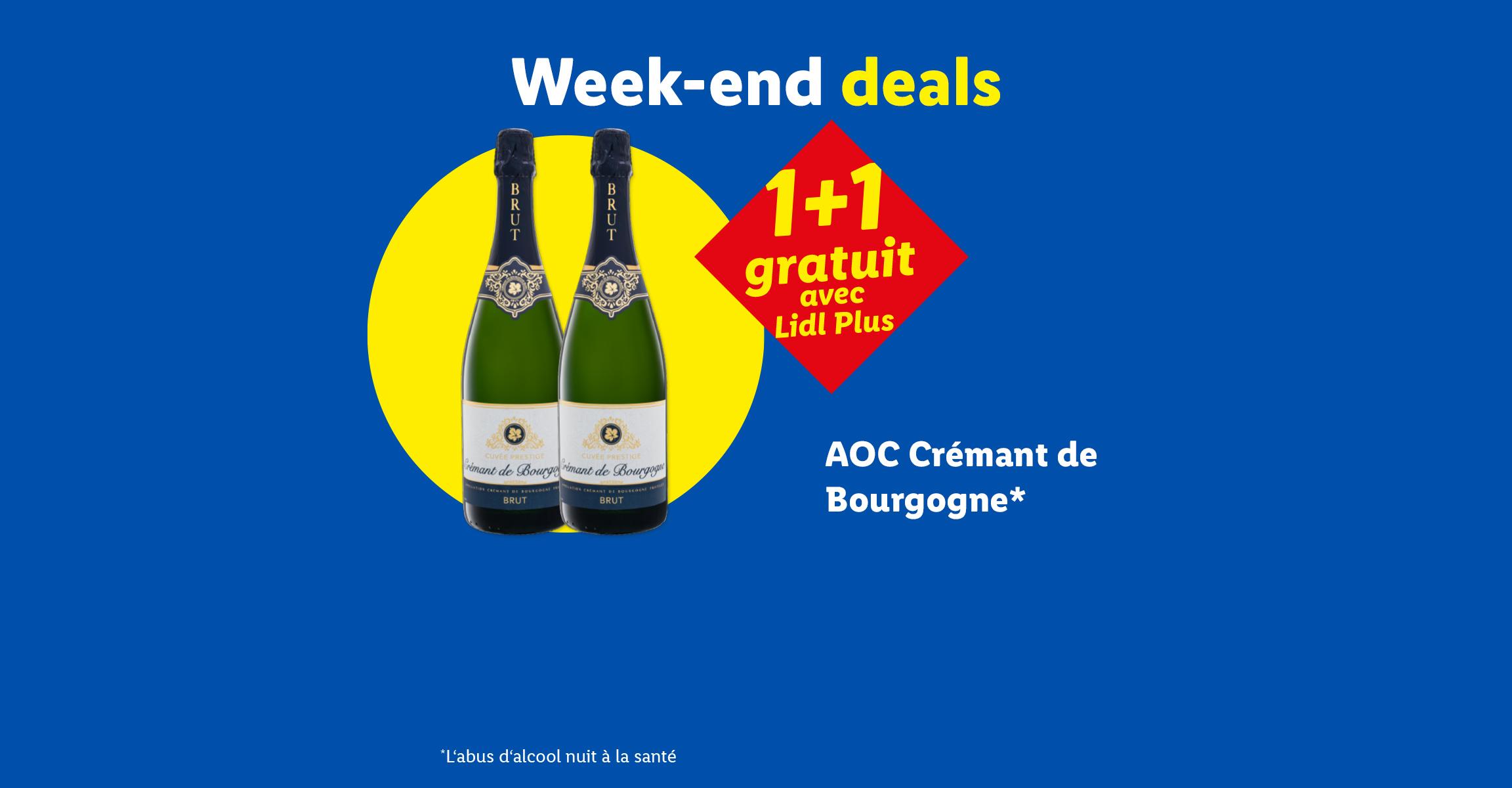 Offre 1+1 gratuit sur deux bouteilles de Crémant de Bourgogne, avec Lidl Plus.