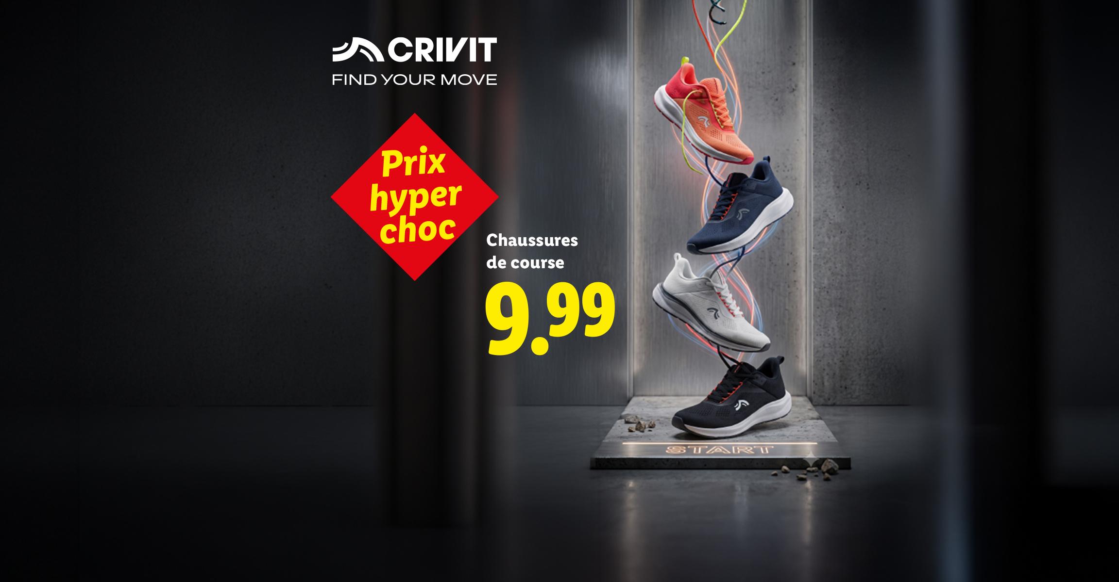 Chaussures de course en promotion à 9,99, avec l'inscription 'Prix hyper choc'.
