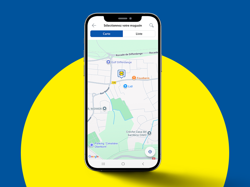 Application mobile Lidl affichant une carte avec l'emplacement des magasins.