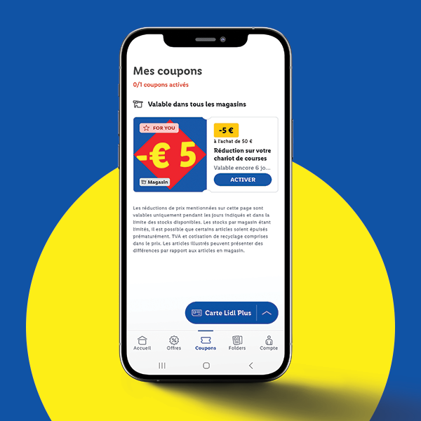 Application Lidl Plus affichant un coupon de réduction de 5 € sur les courses.